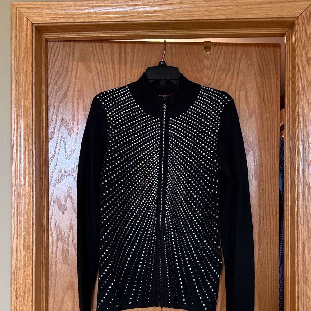 Belldini Black Rhinestone Zip-Front Sweater